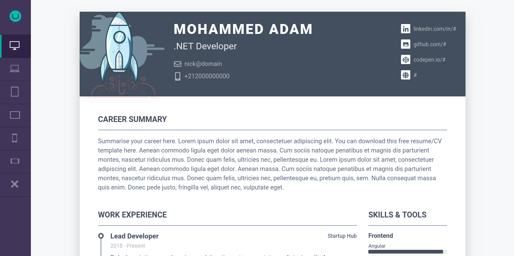 UPillar - Bootstrap resume/cv template comes with 6 colour schemes built on Bootstrap 4